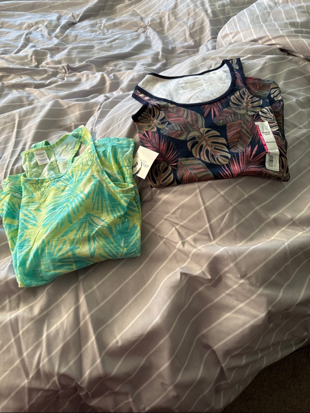 Arizona Jean Company Navy Floral & Aqua Palm Tank Tops